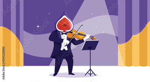 Fig Headed Musician Performs Violins On Stage With Purple Curtains Background
