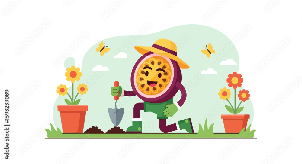 Naklejka premium Happy Passion Fruit Cartoon Character Gardening On Bright Spring Day Illustration