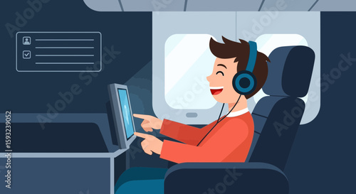 Happy Passenger Enjoys Entertainment System On Airplane While Traveling Relaxing Holiday