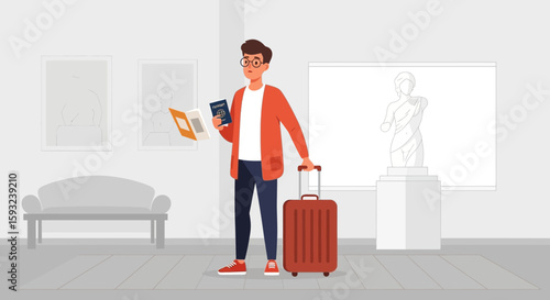Man Inspecting Passport And Guidebook Before Admiring Art In Gallery On Vacation