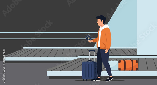 Man Looking At Passport Arriving At Baggage Claim After Flight Journey