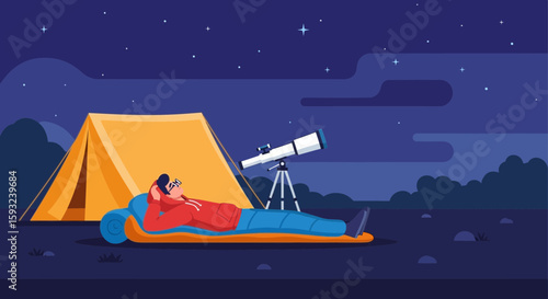 Man Looking At Stars Through Telescope While Camping At Night