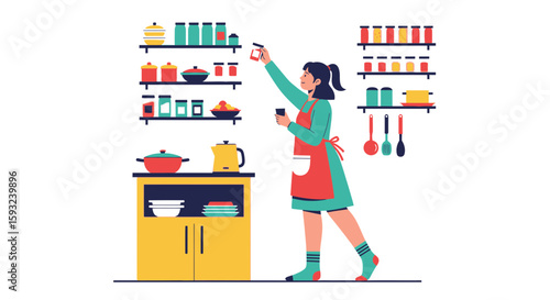 Flat Illustration Of A Woman Arranging Jars In The Kitchen With Various Utensils