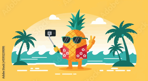 Happy Pineapple Vacationer Taking A Selfie On A Tropical Beach Scene