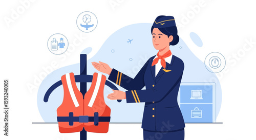 Flight Attendant Demonstrating Safety Procedures Before The Flight Take Off