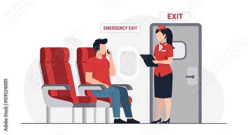 Flight Attendant Explaining Emergency Exit Procedures To A Passenger On An Airplane