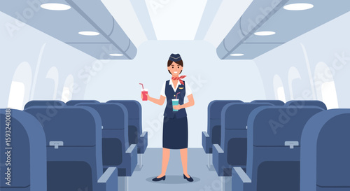 Flight Attendant Serving Beverages In The Airplane Cabin Interior Vector