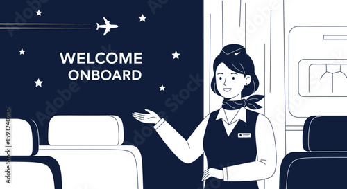 Flight Attendant Welcomes Passengers Onboard Modern Commercial Airplane Illustration