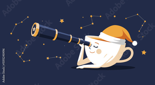 Dreamy Coffee Cup Gazing At Night Sky Through Telescope Illustration