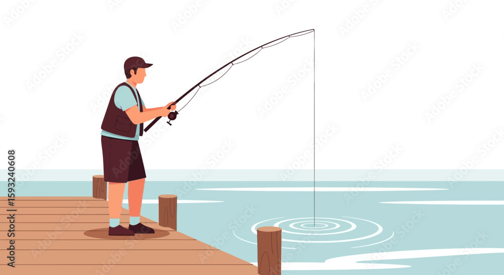 Obraz premium Focused Fisherman Casting Rod From Wooden Pier Into Calm Water Illustration