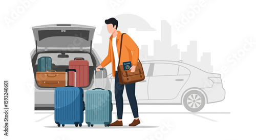 Man Packing Luggage Into Car Trunk For a Vacation or Business Trip Concept