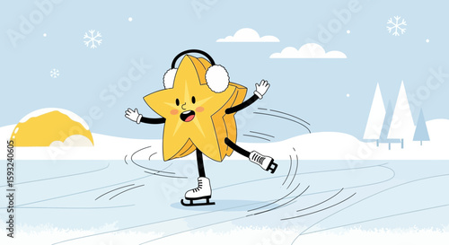 Happy Star Character Ice Skating Having Fun On A Winter Day Graphic Style