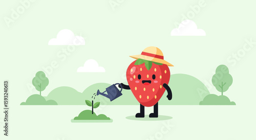 Happy Strawberry Cartoon Character Watering Plant On a Green Field