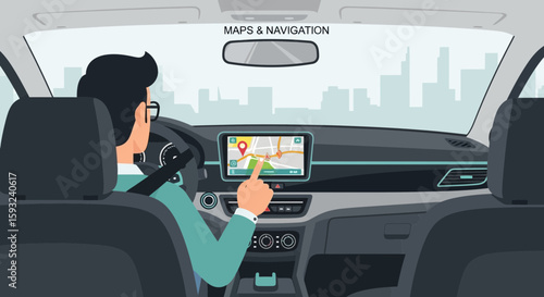 Driver Using Navigation System In Car For Route To Destination