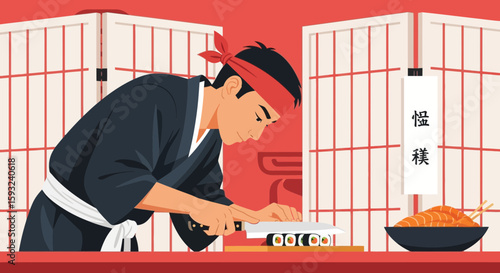 Focused Chef Cuts Sushi Rolls In A Traditional Japanese Restaurant Setting