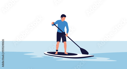 Man Paddleboarding Alone On The Blue Water, Experiencing Tranquility And Harmony