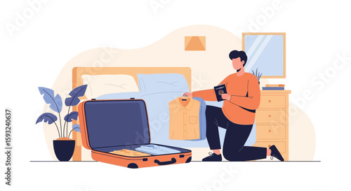 Man Packing Suitcase With Clothes And Passport For Vacation Trip At Home