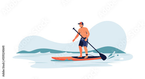 Man Paddleboarding On Peaceful Water Surface During Summer Season Activity