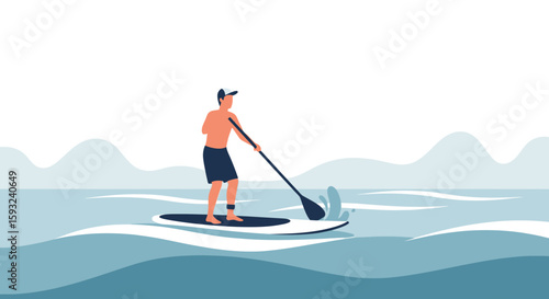Man Paddleboarding On Sea With Distant Mountains In Minimalist Style