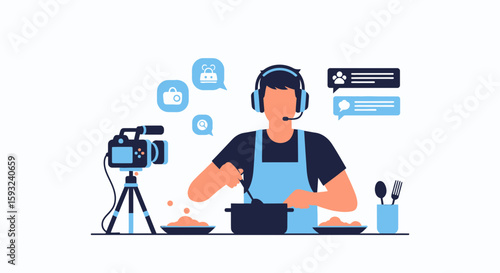 Food Blogger Live Streaming Culinary Tutorials And Interacting With Online Audience