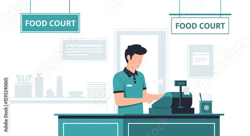 Food Court Cashier At Work In A Busy Restaurant Environment Illustration