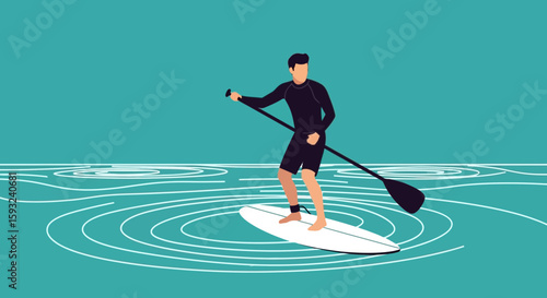 Man Paddling on Surfboard in Blue Ocean, Aquatic Adventure Illustration
