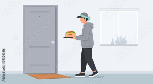 Food Delivery Service Man Arriving at Door With Takeout Order
