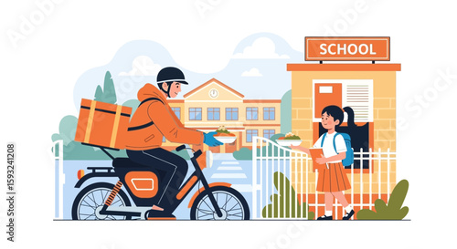 Food Delivery Service Man Delivering Lunch To A School Girl Near School Building