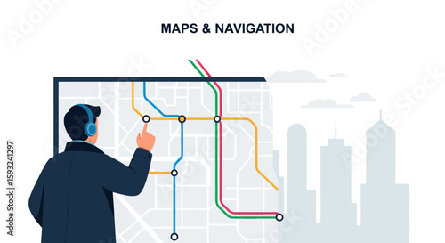 Man Planning Route Using Map App In City Digital Urban Transport Network