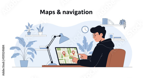 Man Planning Trip Using Online Maps On Laptop In Cozy Room At Home