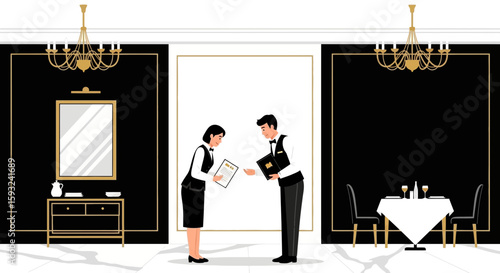 Formal Restaurant Setting Showcasing Staff Interaction And Elegant Dining Atmosphere