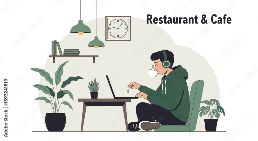 Fototapeta premium Freelance Designer Enjoying Coffee While Working On Laptop In Modern Cafe Interior