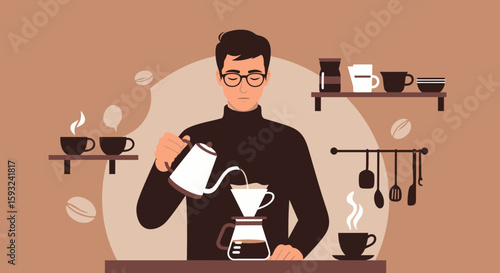 Man Prepares Coffee Using Pour Over Technique In A Minimalistic Kitchen