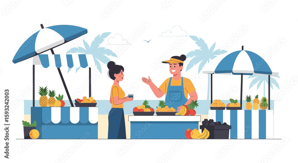 Happy Woman Buying Fresh Tropical Fruits at an Outdoor Beach Market Happy Woman Buying Fresh Tropical Fruits at an Outdoor Beach Market