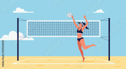 Dynamic Beach Volleyball Action With Female Player Spiking the Ball Illustration