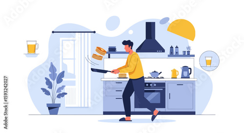 Man Prepares Pancakes at Home in Kitchen, Flat Vector Illustration