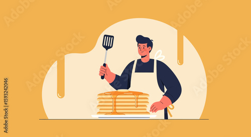 Man Prepares Stack of Golden Pancakes for Breakfast Delightful Treat