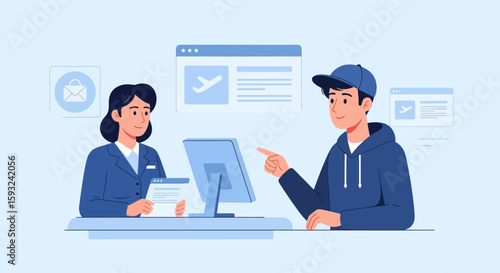 Friendly Agent Helping Customer Book Flight At Check In Counter Illustration