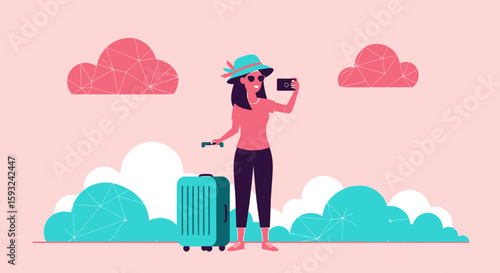 Happy Young Woman Tourist Taking Pictures On Holiday Vacation Trip