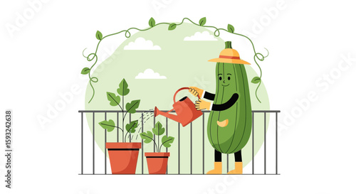 Happy Zucchini Gardener Watering Plants On Balcony Under Climbing Vines