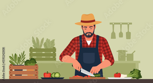 Man Preparing Fresh Organic Food Cutting Vegetables For A Wholesome Meal