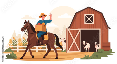 Harvesting Day On The Farm With Horse Rider And Barn Animal Scenery