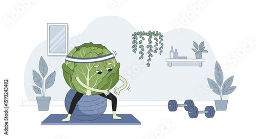 Healthy Cabbage Doing Workout At Home With Dumbbells And Plants Cartoon Illustration
