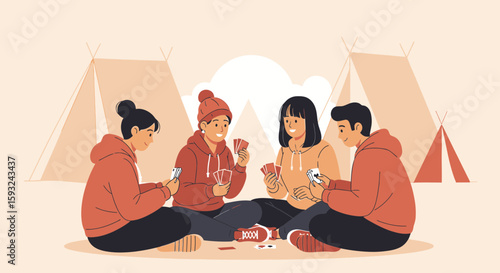 Friends Enjoying Card Game Together In Camping Trip Outdoor Experience Vacation