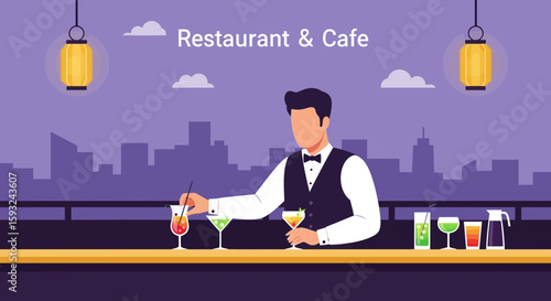 Elegant Bartender Preparing Cocktails At A Stylish Bar With A Cityscape Backdrop
