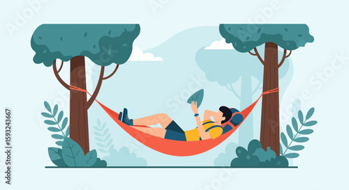 Man Relaxing And Reading In Hammock Between Trees Outdoors In Nature