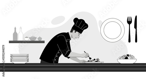 Elegant Chef Plating Food In Restaurant Kitchen With Utensils And Ingredients