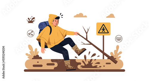 Hiker Stepping Into Muddy Puddle With Walking Stick Adventure Concept