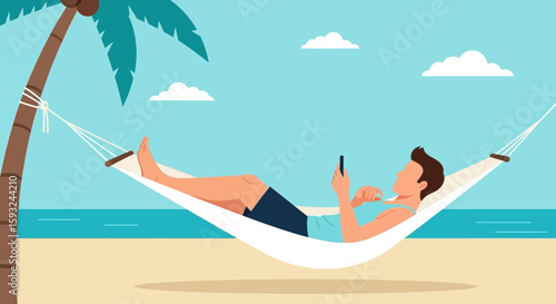 Man Relaxing In Hammock On Tropical Beach Using Mobile Phone During Vacation