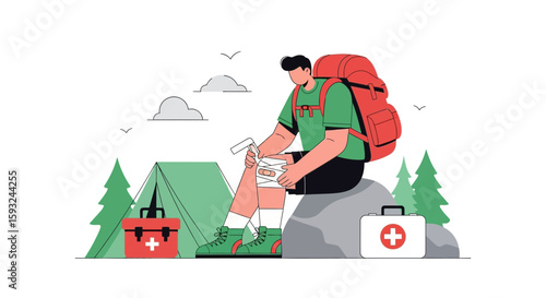 Hiker Treating Knee Injury With First Aid Kit In Camp During Outdoors Adventure